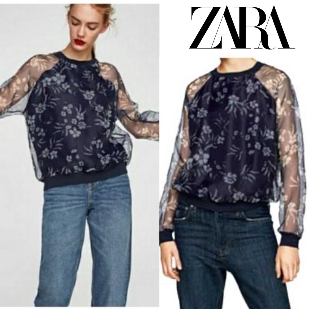 Zara Blue Embellished Long Sleeve Blouse